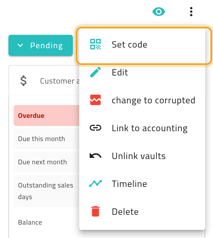 The collection details actions menu open, with the Set code item highlighted at the top.