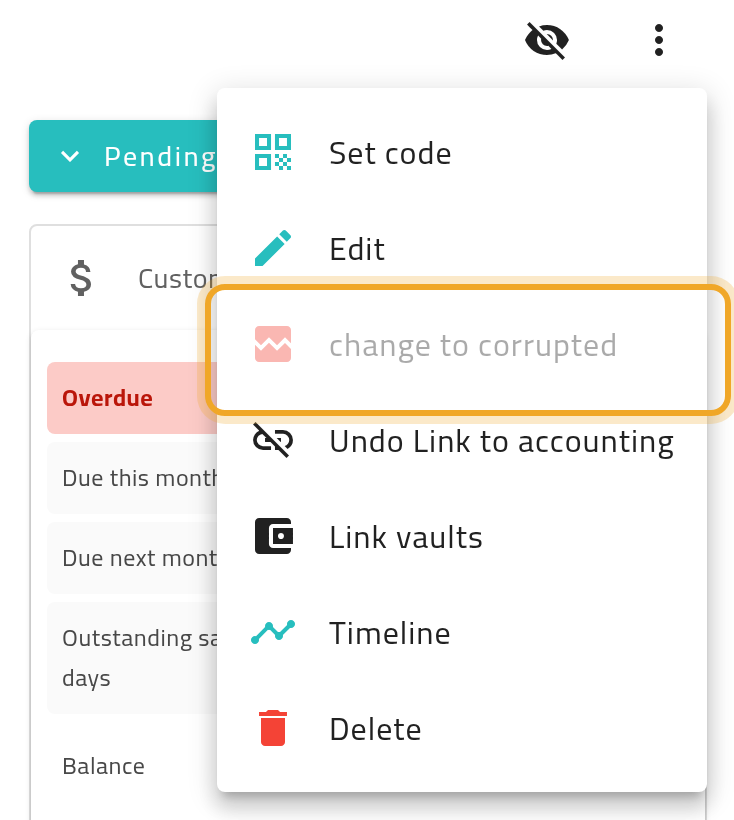 The same menu on a collection linked to accounting: “change to corrupted” is greyed out, and “Undo Link to accounting” is offered.