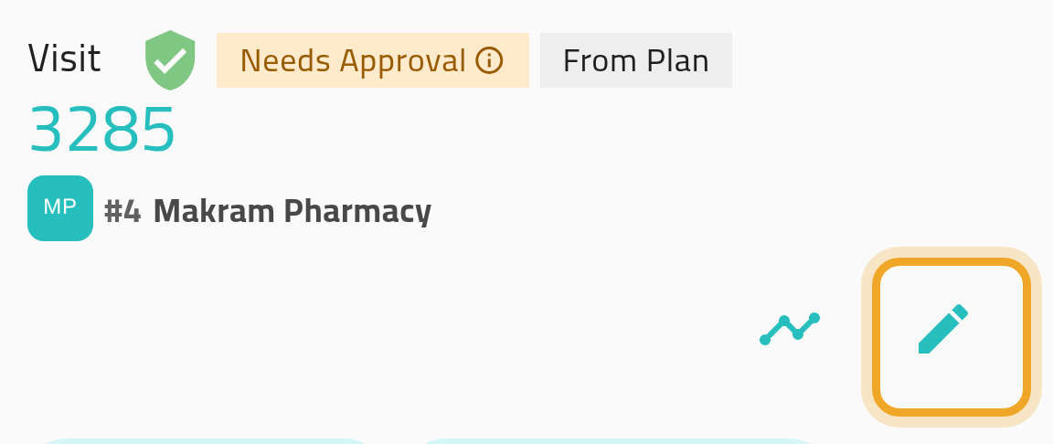 The header of a finished visit on a phone, with the unlabelled pencil icon in its action bar highlighted.
