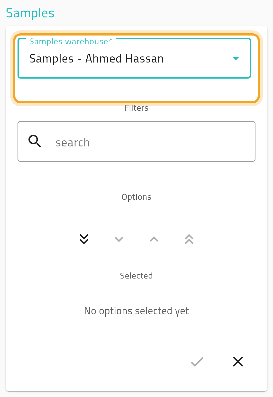 The Samples section with a samples warehouse picked and highlighted; the product list below it is empty.