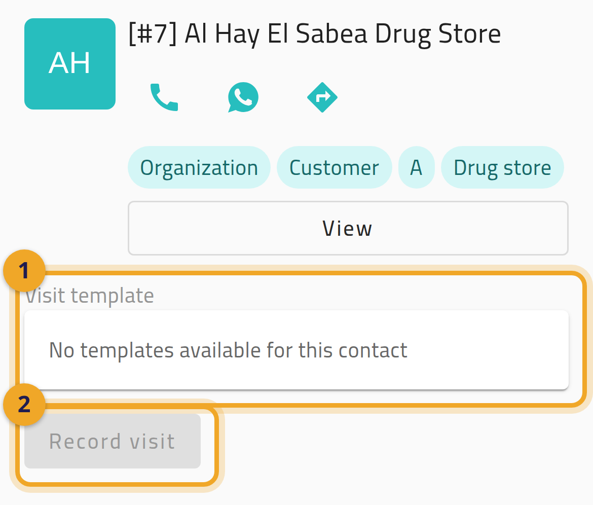 Recording a visit on a phone: the Visit template field reads “No templates available for this contact” (1) and the Record visit button is greyed out (2).